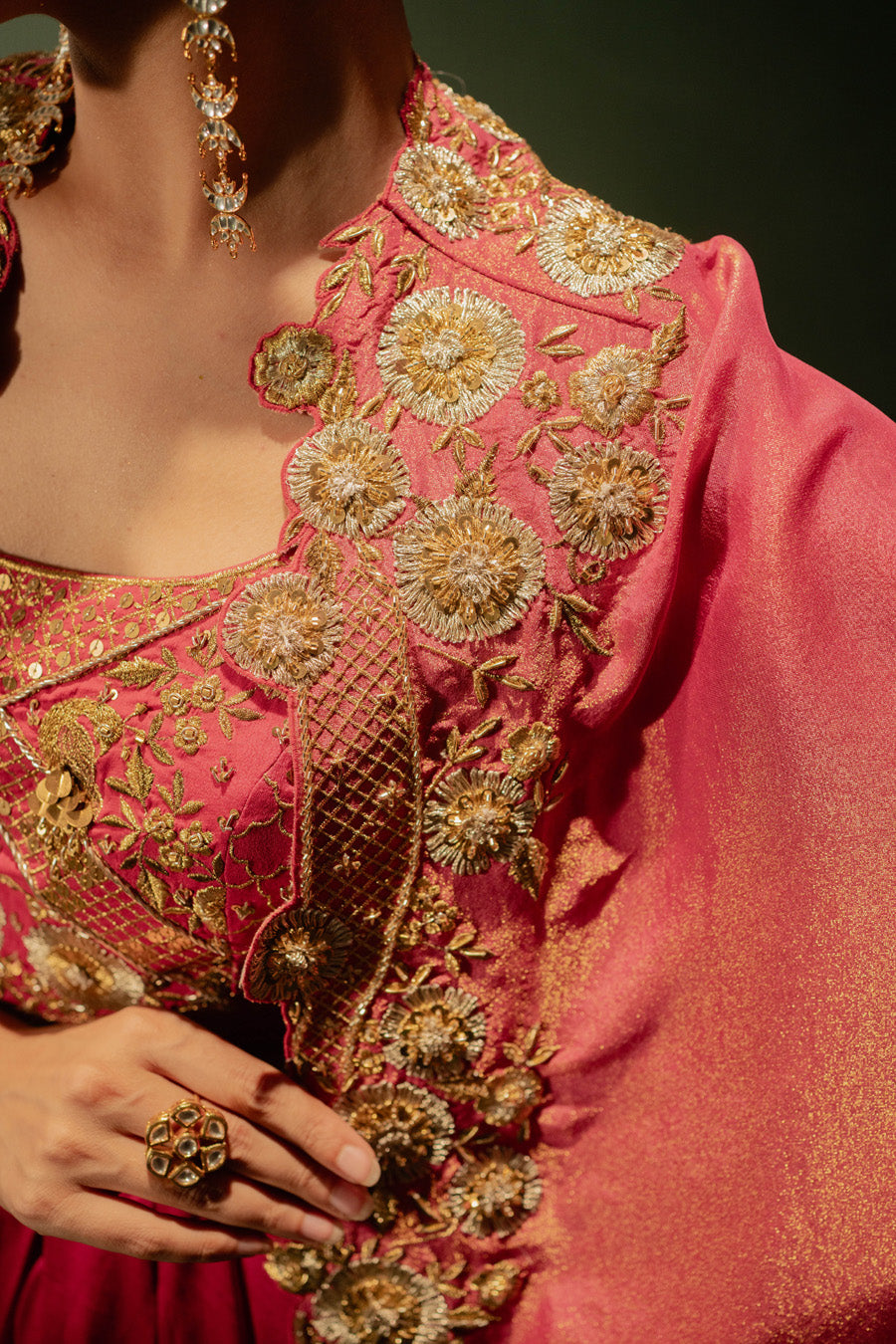 Hot Pink Blouse And Draped Skirt With Cape