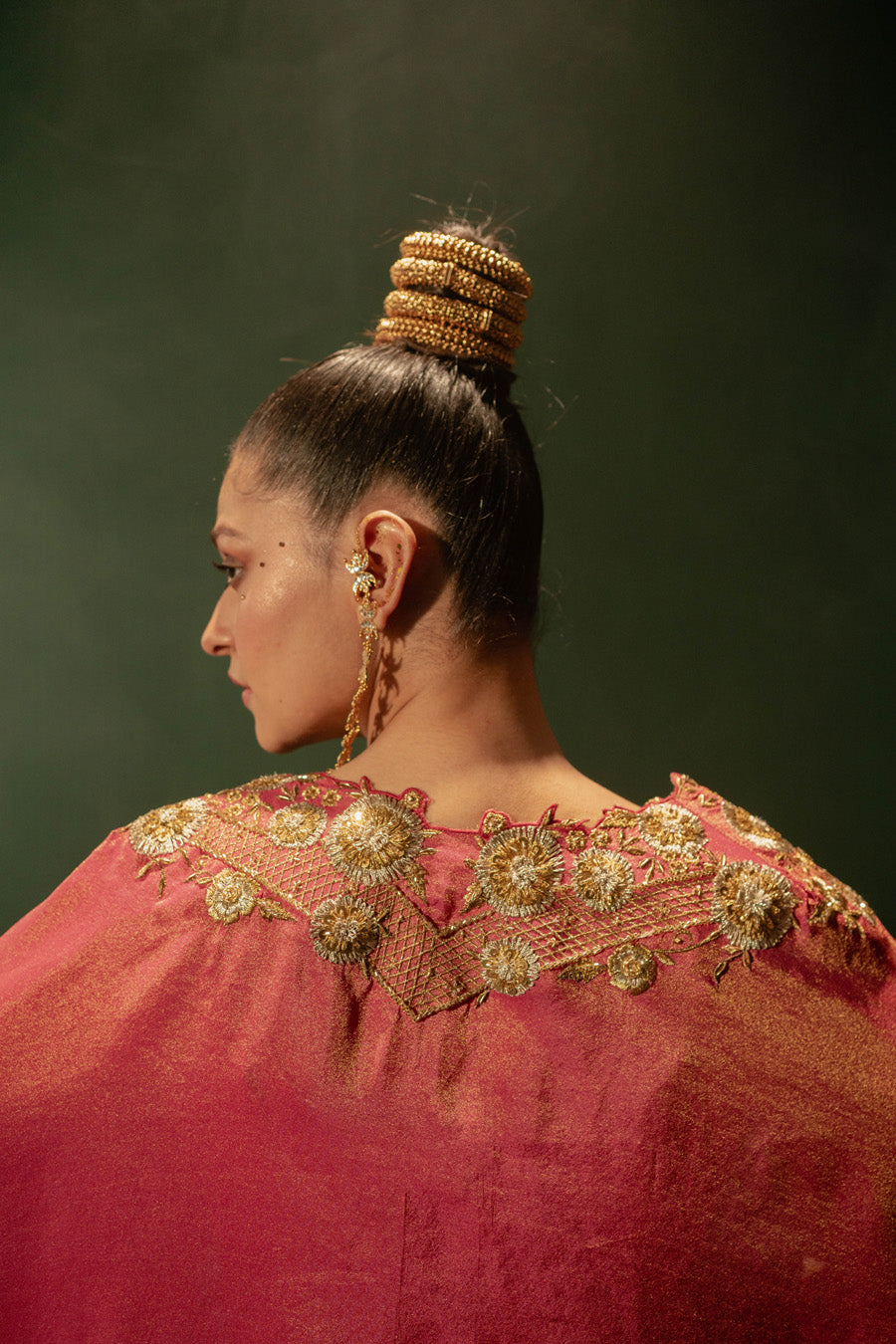 Hot Pink Blouse And Draped Skirt With Cape
