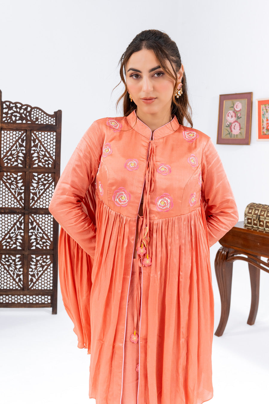 Peach Flared Top With Straight Pants