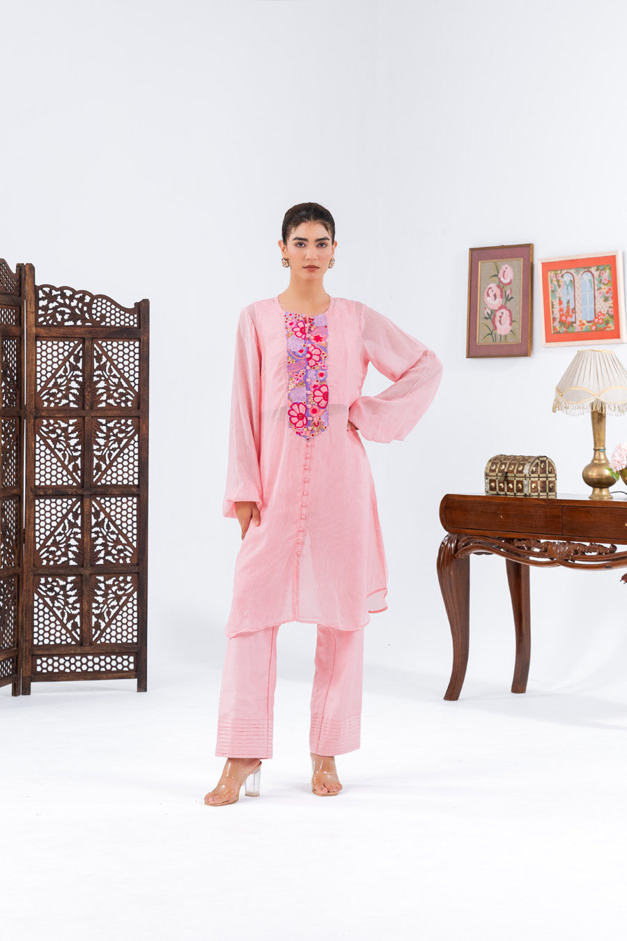 Pink flat Chiffion Kurta And Set