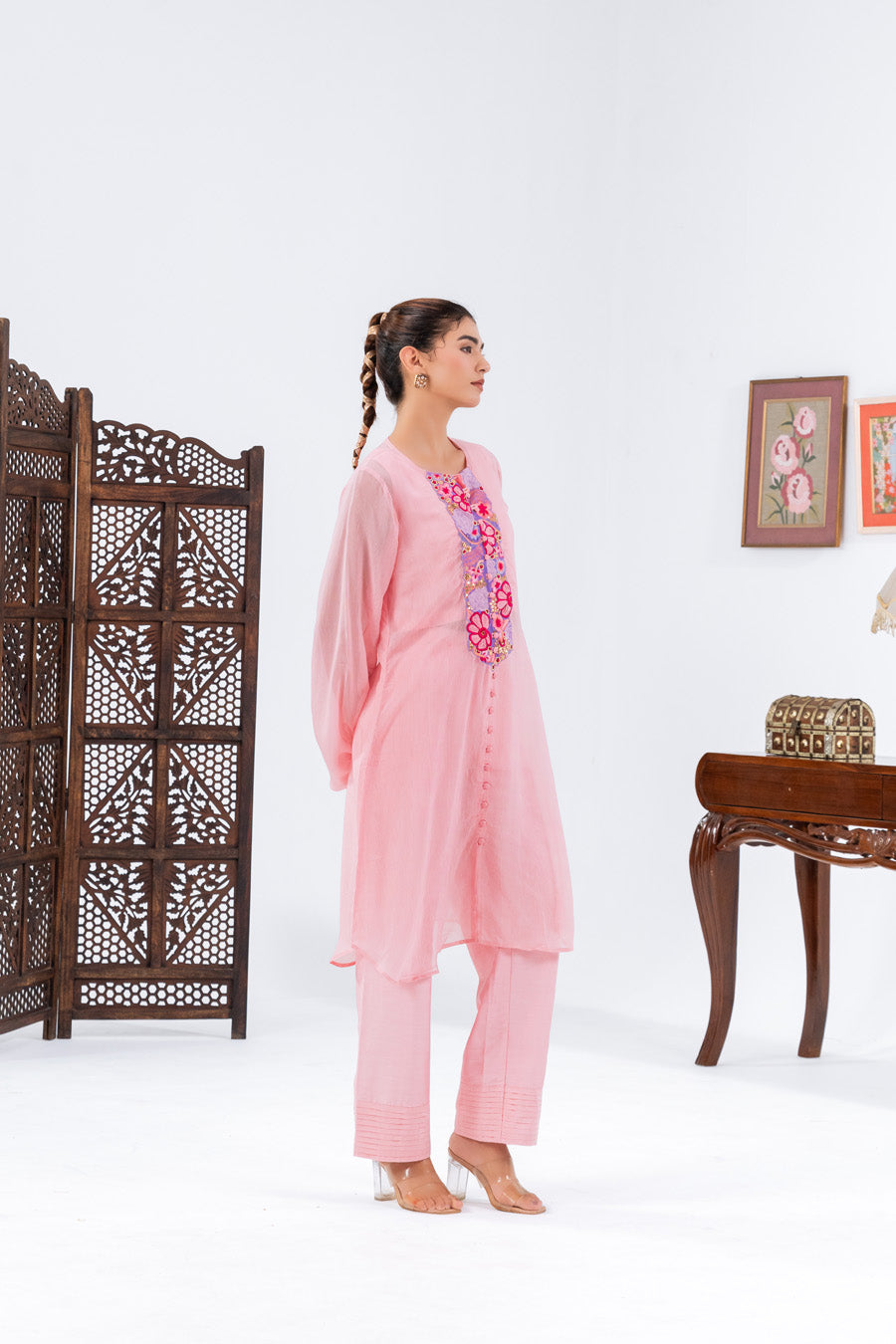 Pink flat Chiffion Kurta And Set