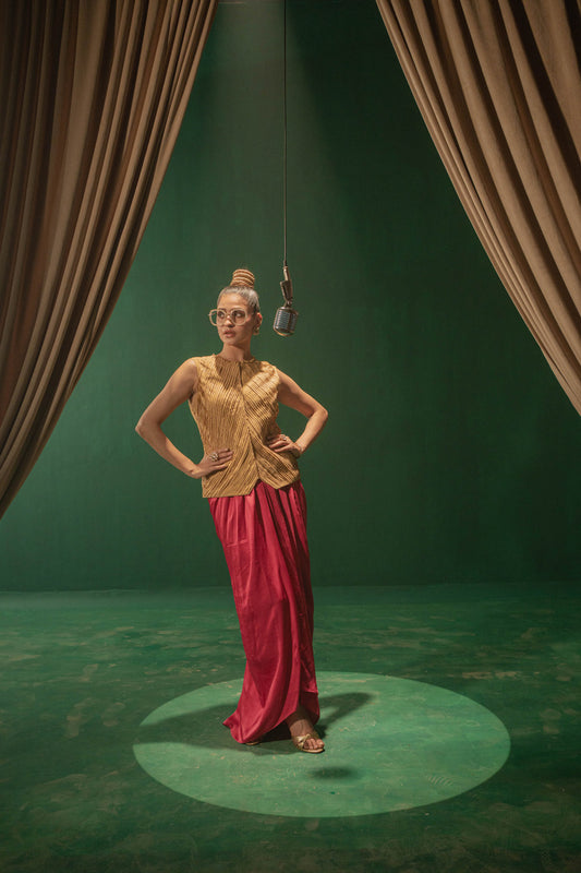 Golden Waist Coat With Pink Draped Skirt