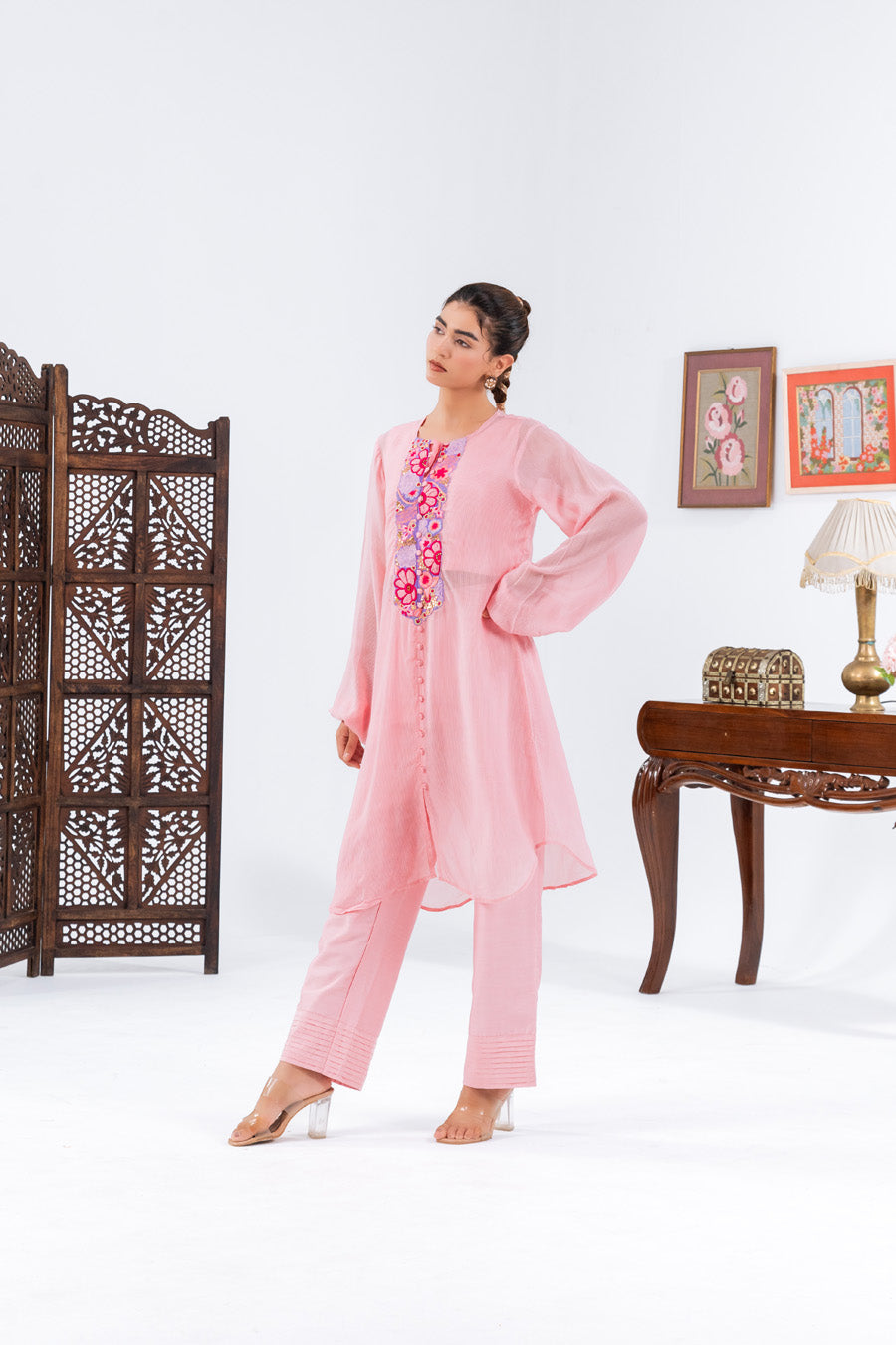 Pink flat Chiffion Kurta And Set