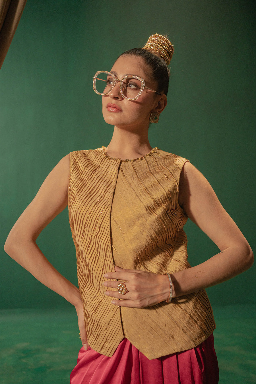 Golden Waist Coat With Pink Draped Skirt