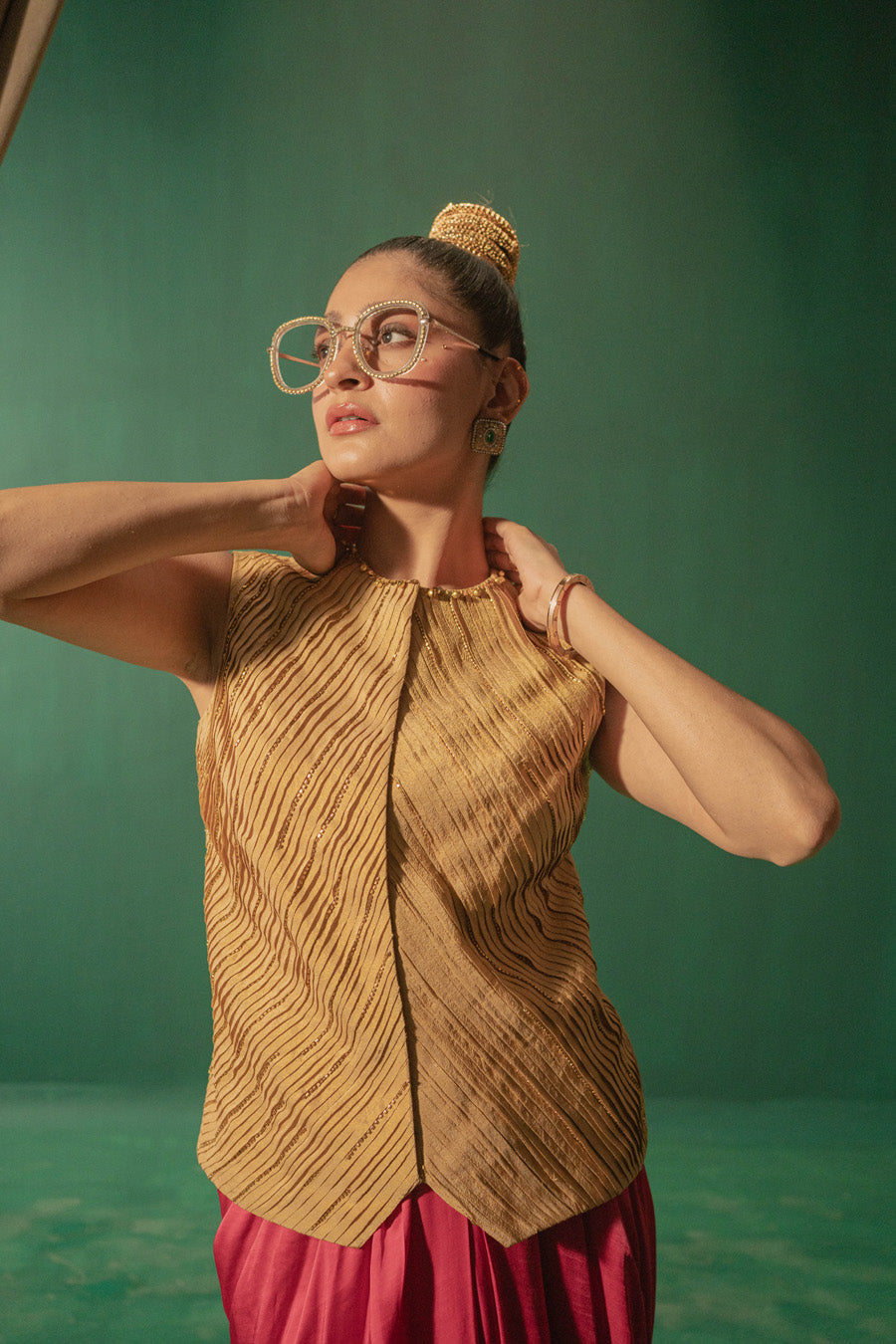 Golden Waist Coat With Pink Draped Skirt