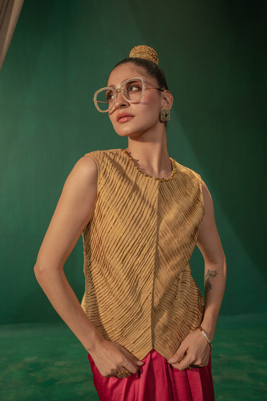 Golden Waist Coat With Pink Draped Skirt