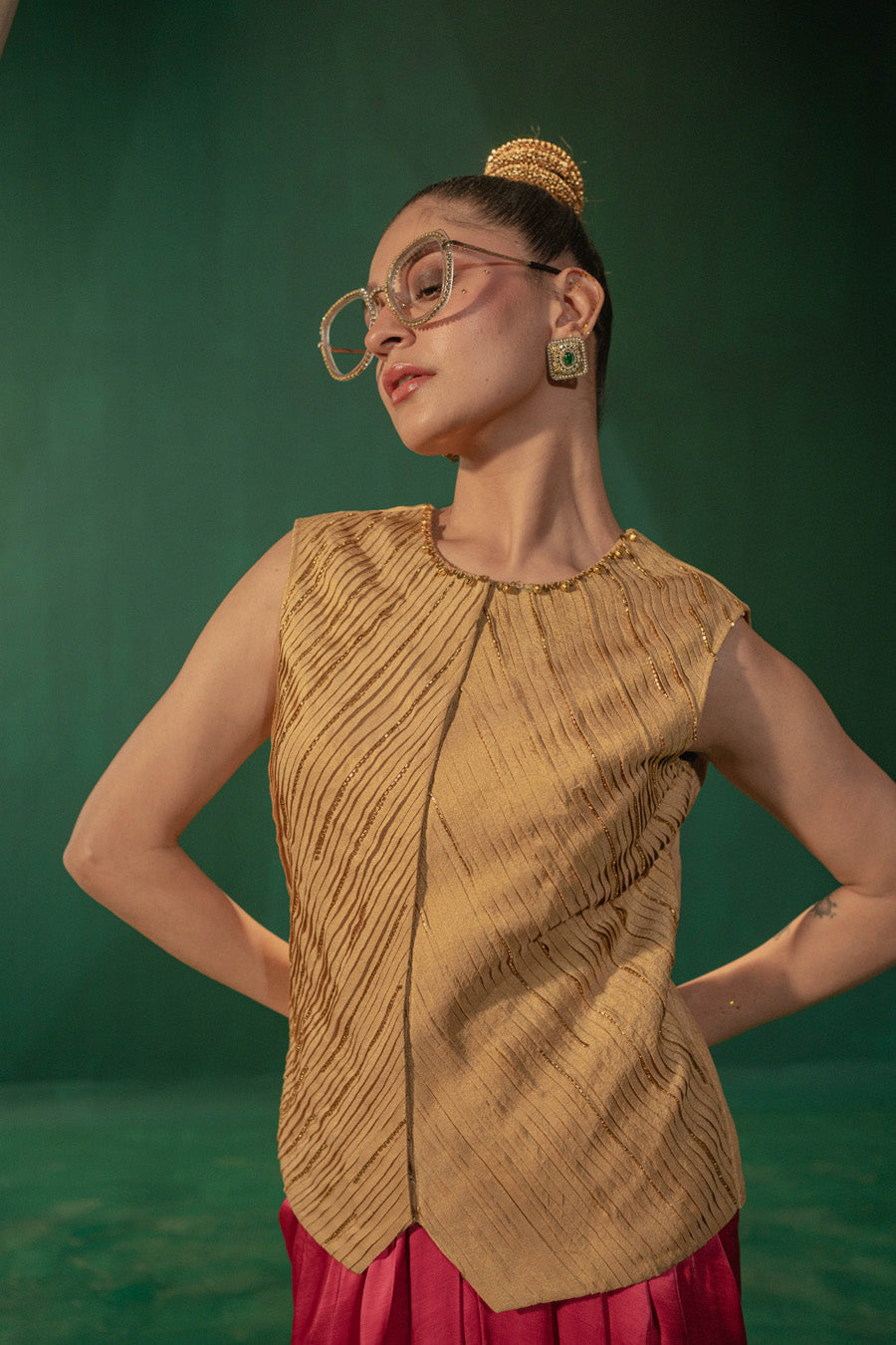 Golden Waist Coat With Pink Draped Skirt