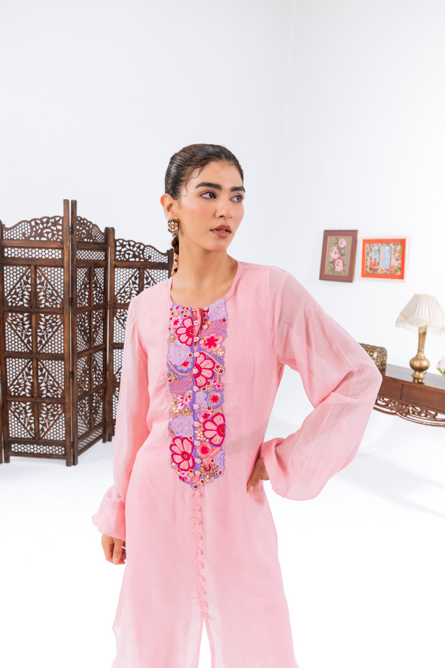 Pink flat Chiffion Kurta And Set