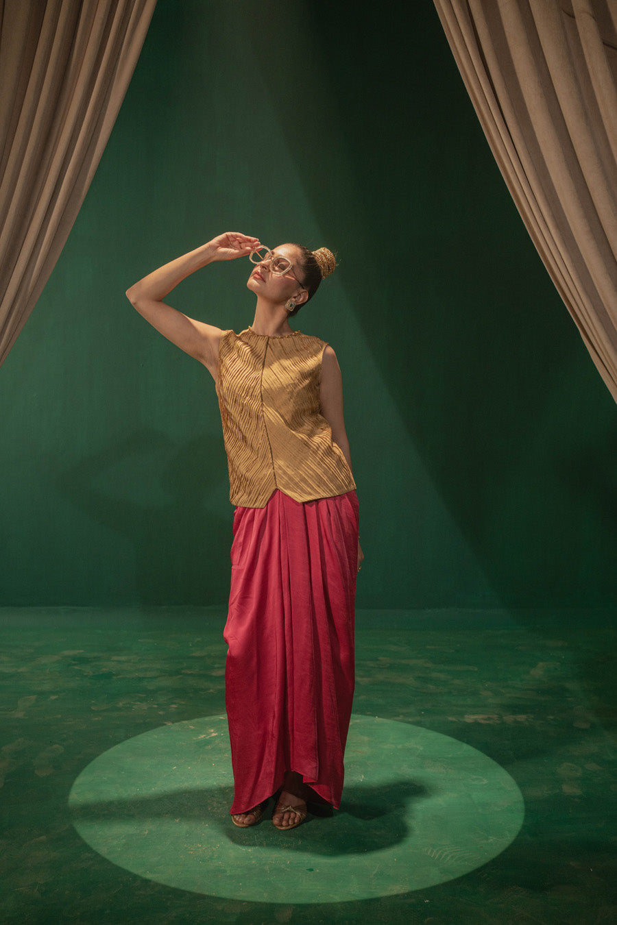 Golden Waist Coat With Pink Draped Skirt