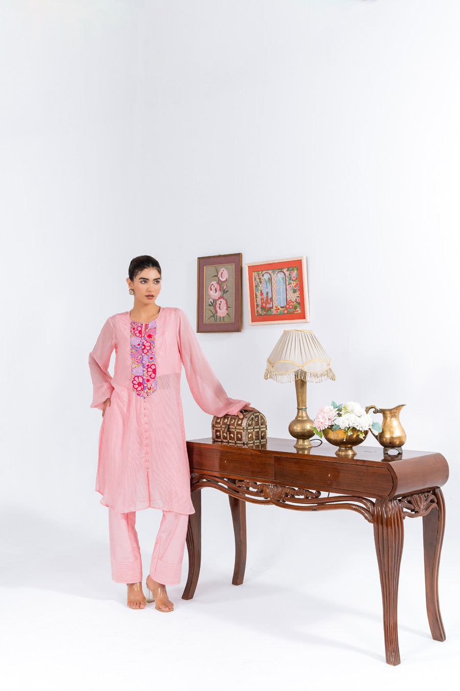 Pink flat Chiffion Kurta And Set