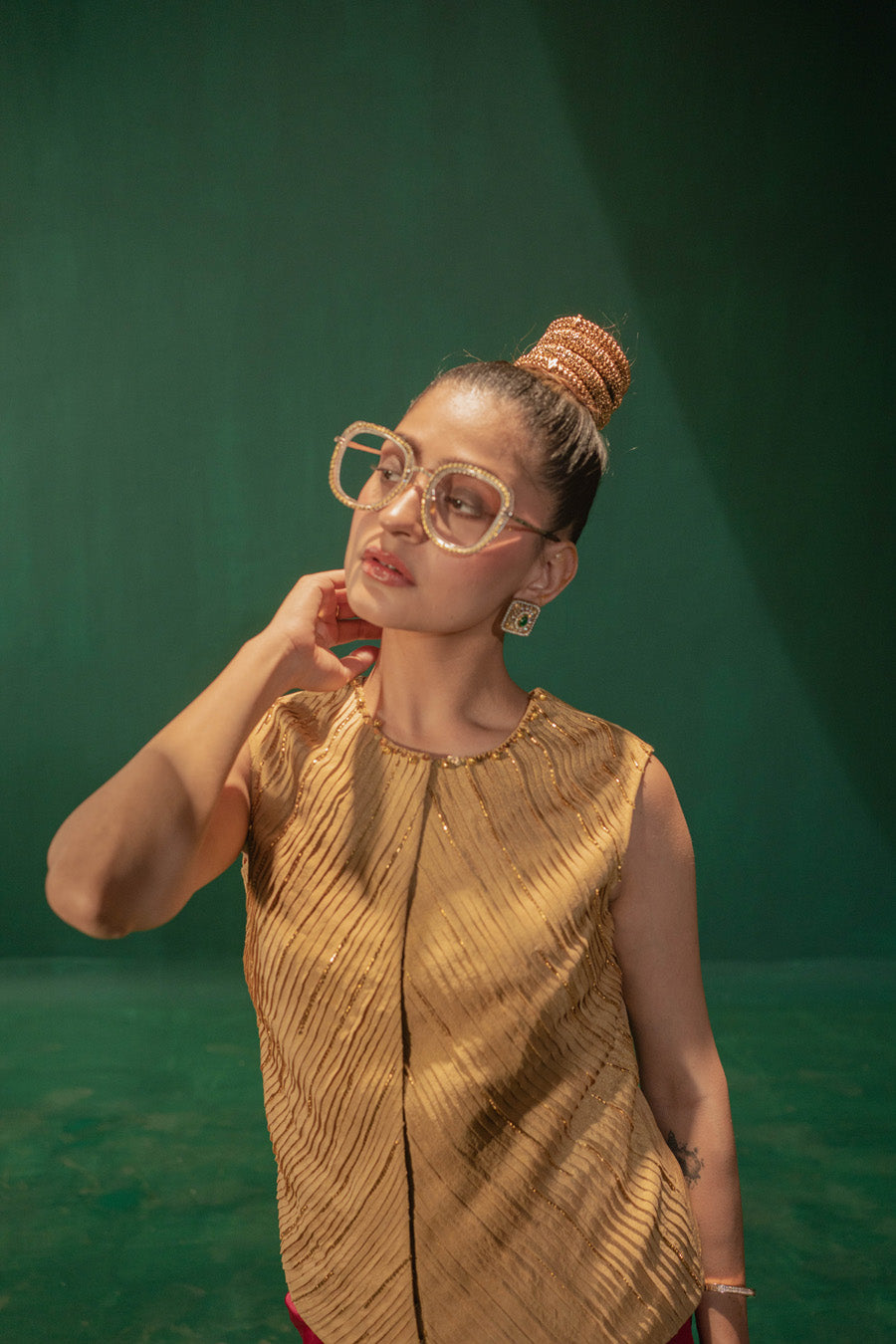 Golden Waist Coat With Pink Draped Skirt