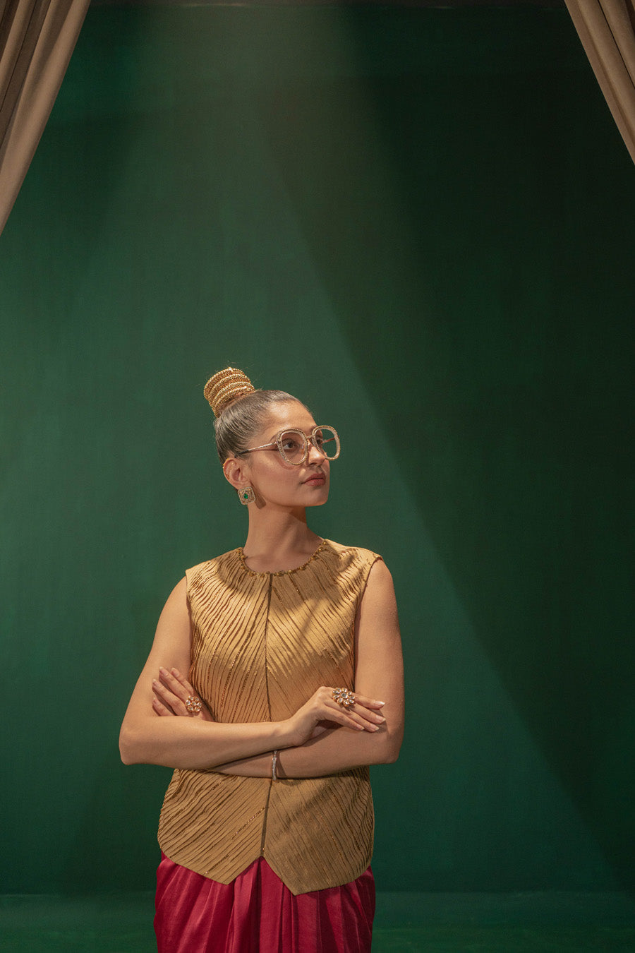 Golden Waist Coat With Pink Draped Skirt