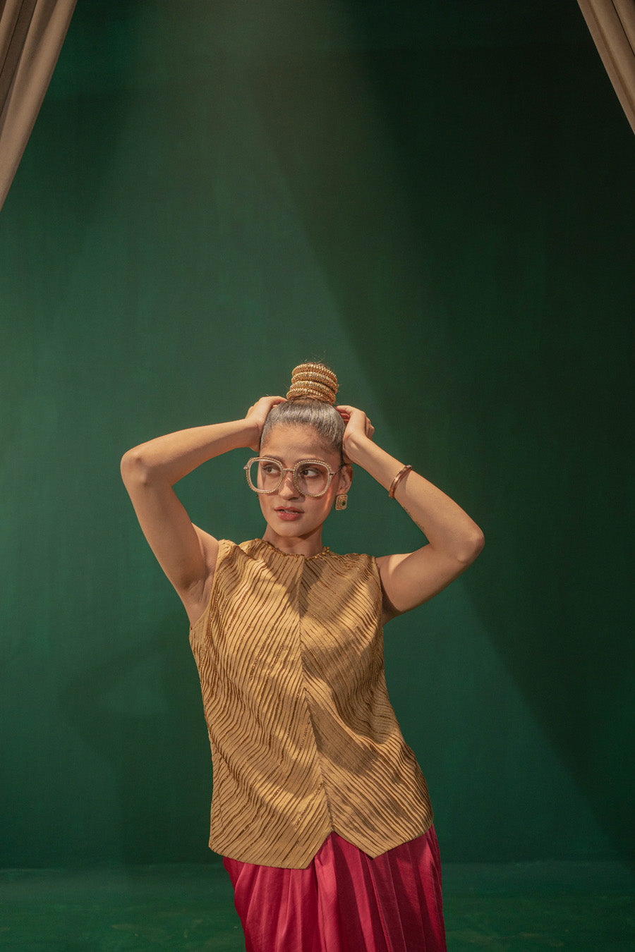 Golden Waist Coat With Pink Draped Skirt