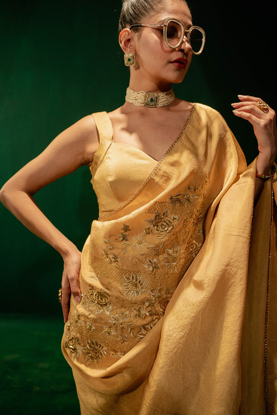 Golden Saree And Blouse Set
