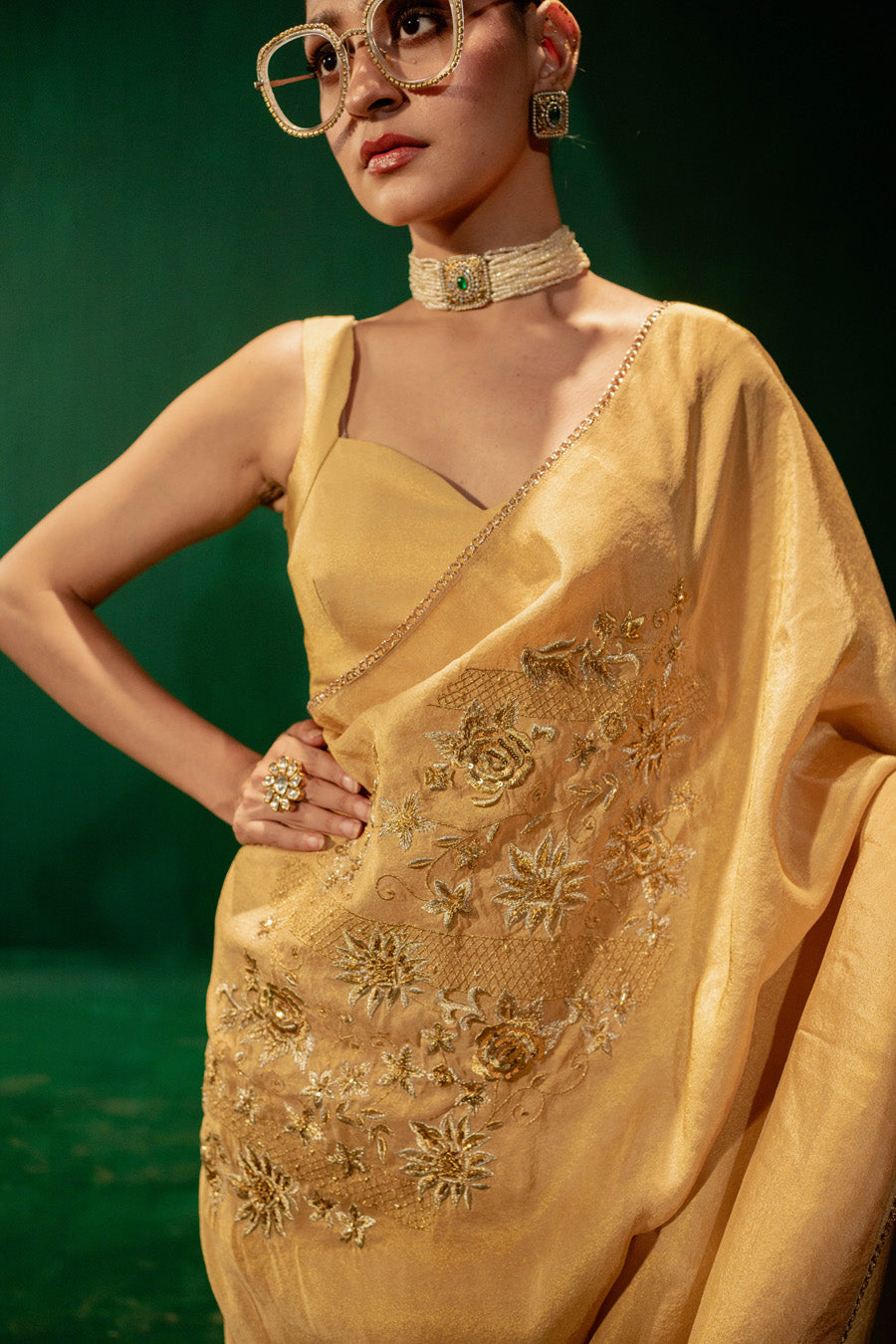 Golden Saree And Blouse Set