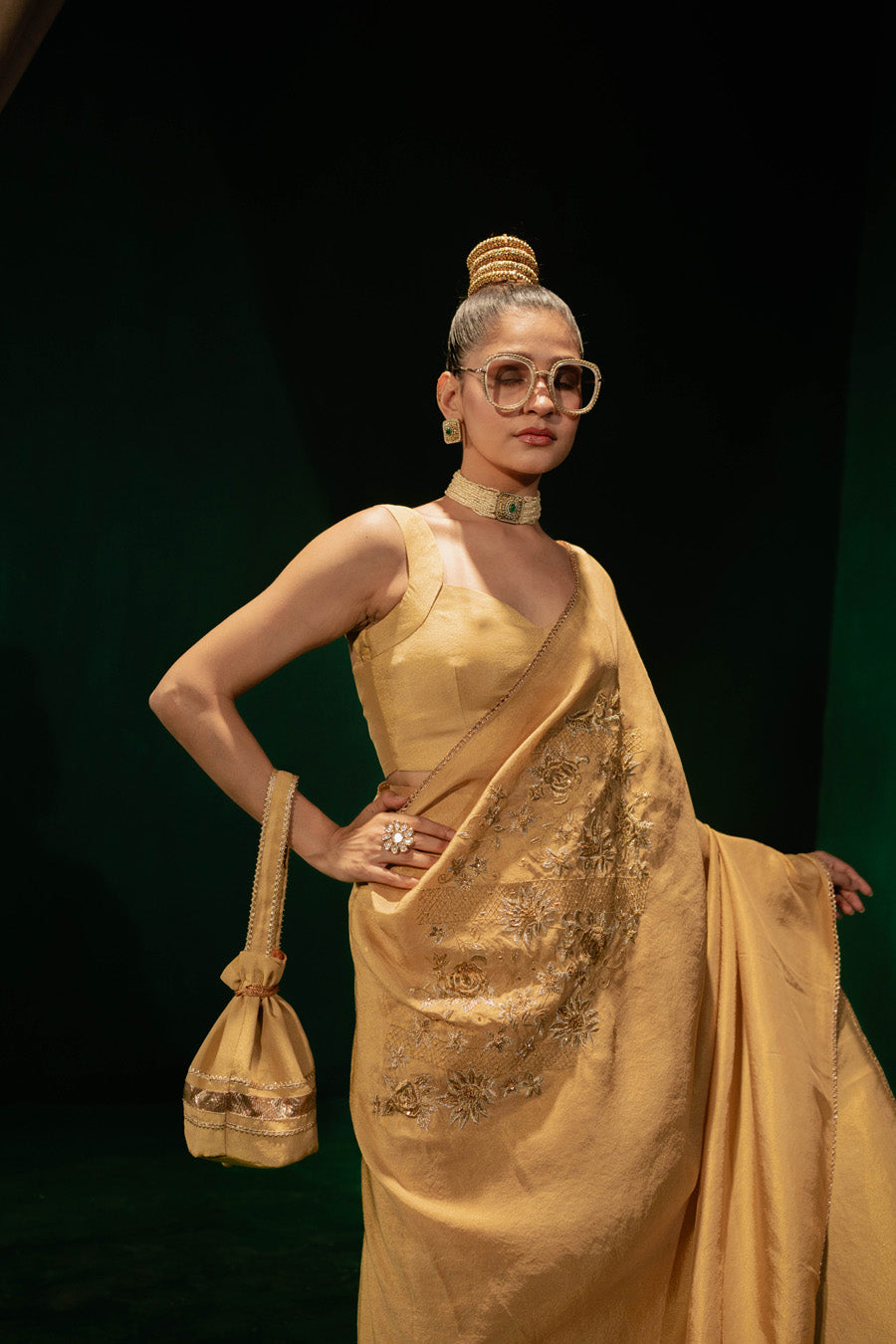 Golden Saree And Blouse Set