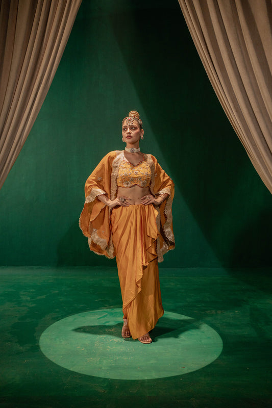 Yellow Blouse And Draped Skirt With Cape