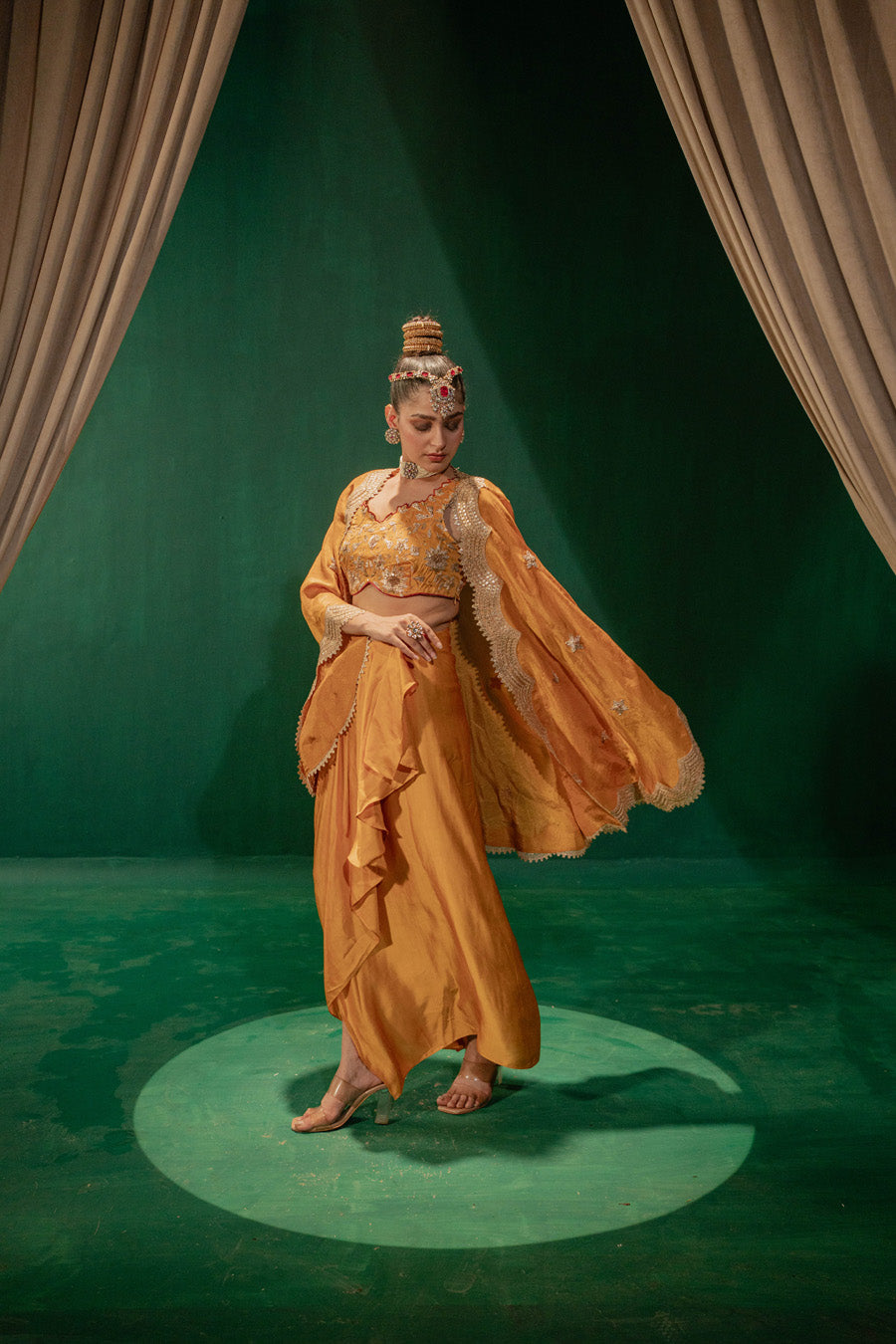 Yellow Blouse And Draped Skirt With Cape