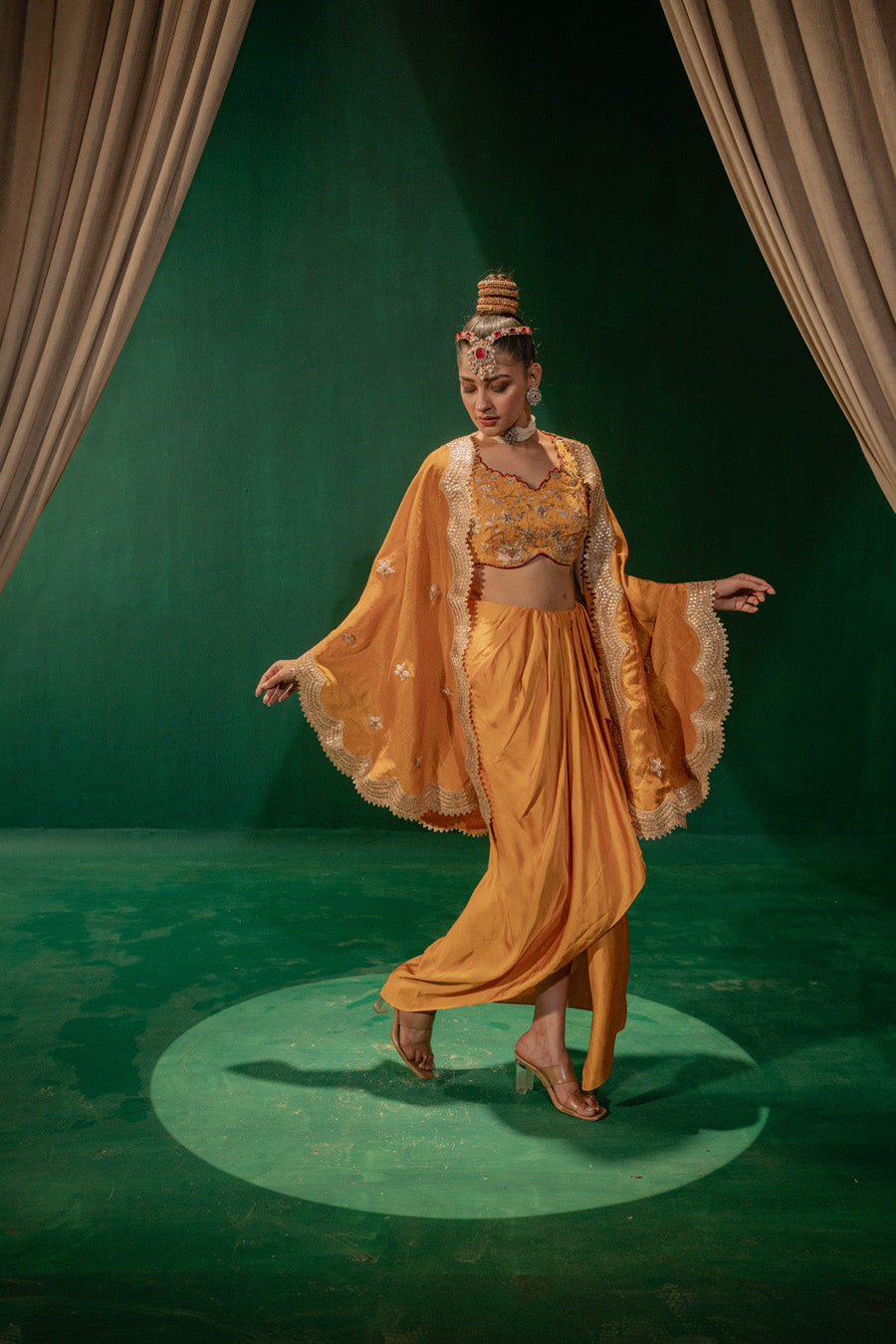 Yellow Blouse And Draped Skirt With Cape