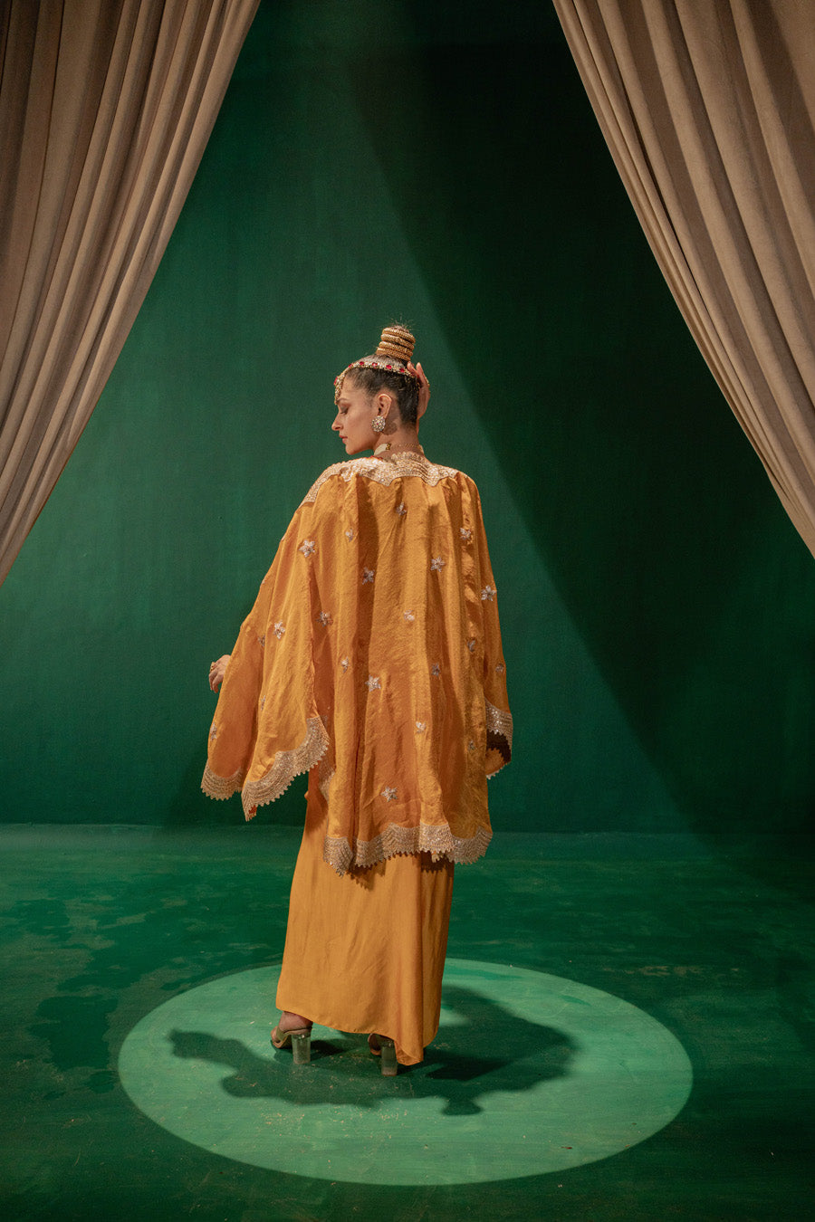 Yellow Blouse And Draped Skirt With Cape