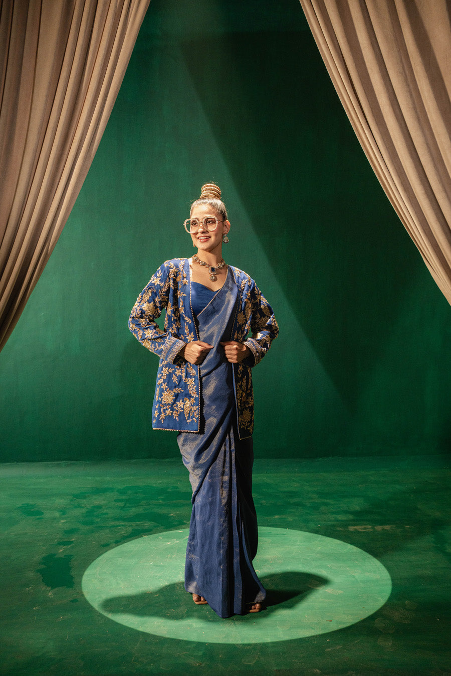 Blue Jacket With Zari Saree And Blouse