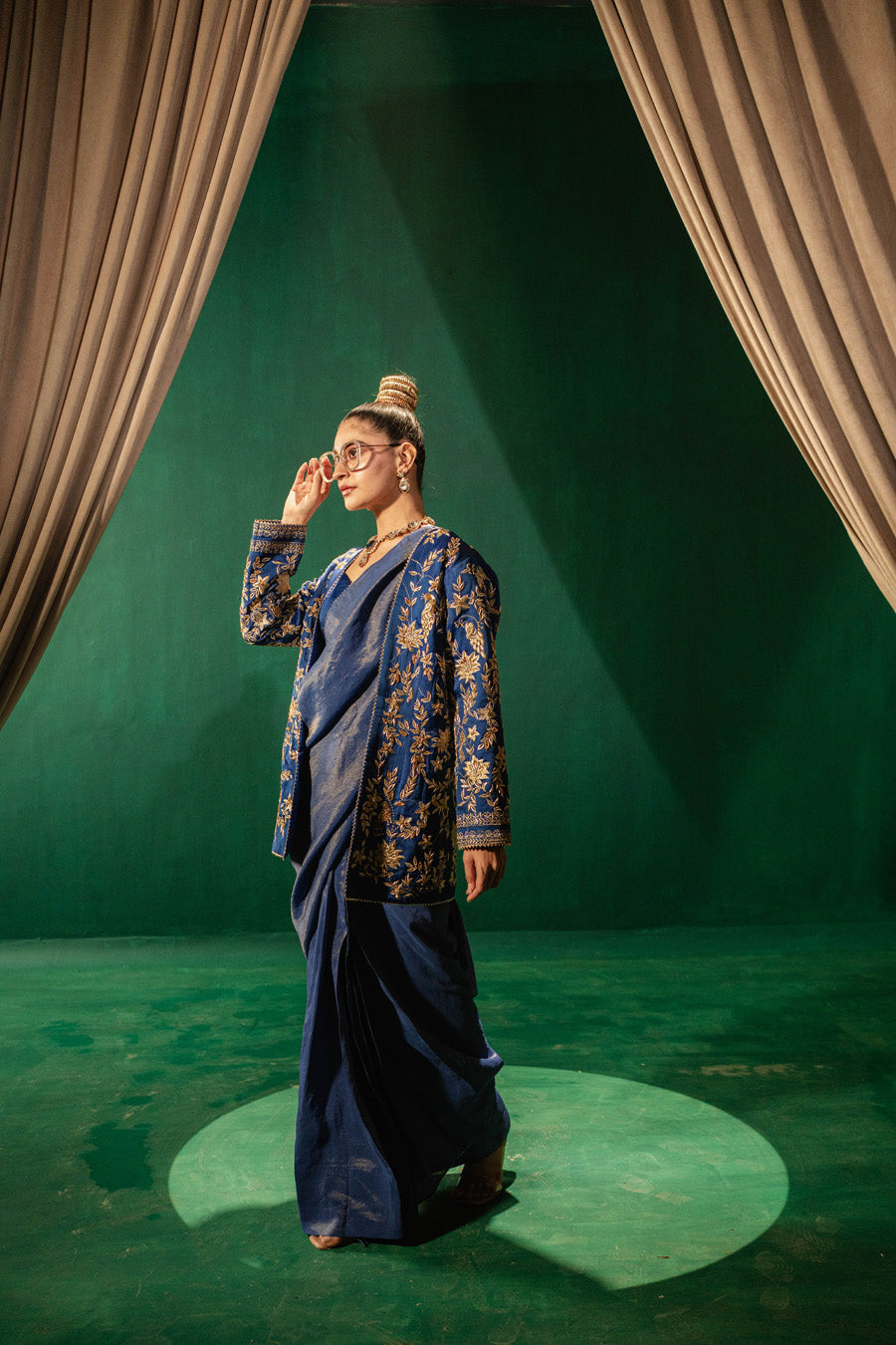 Blue Jacket With Zari Saree And Blouse