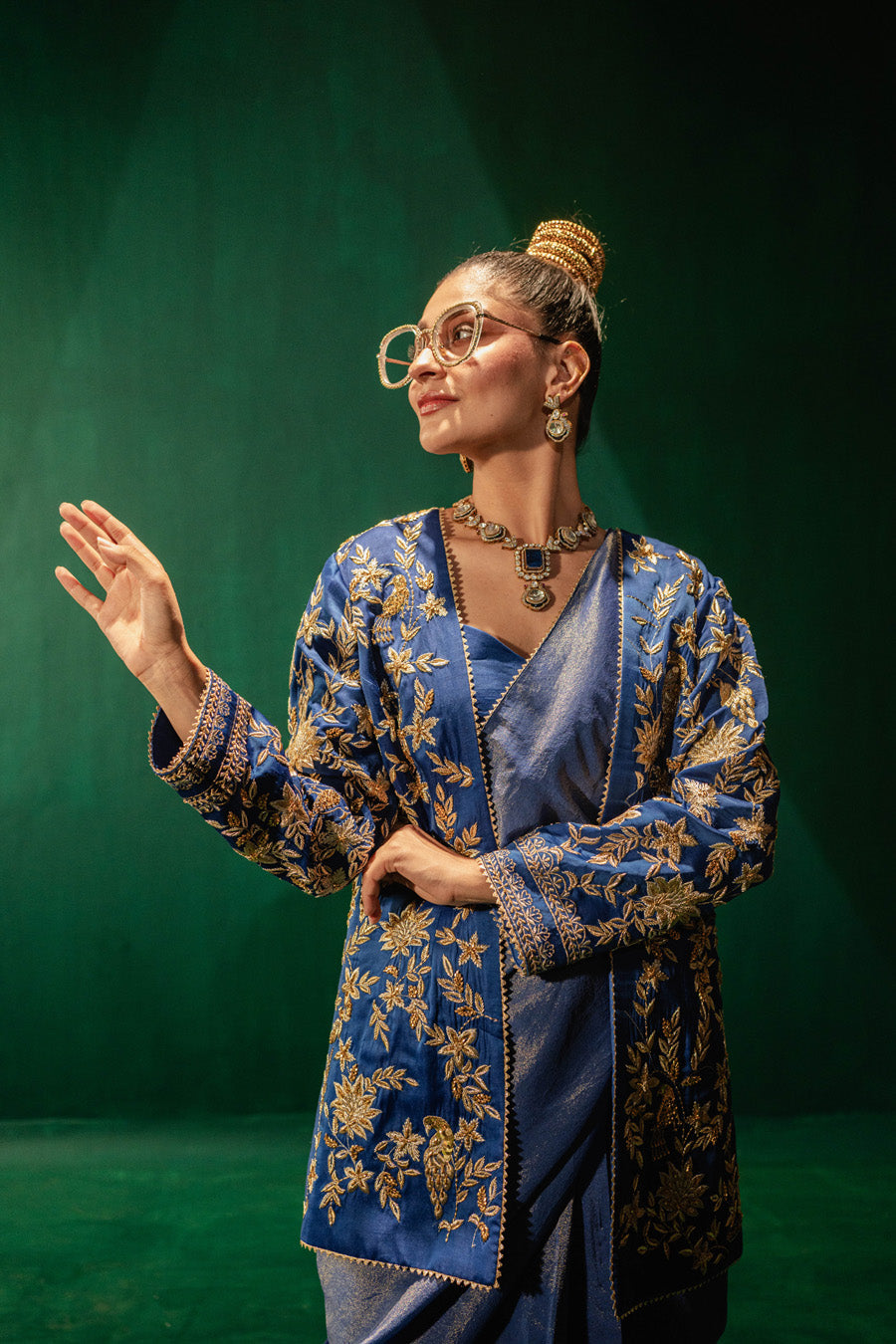 Blue Jacket With Zari Saree And Blouse