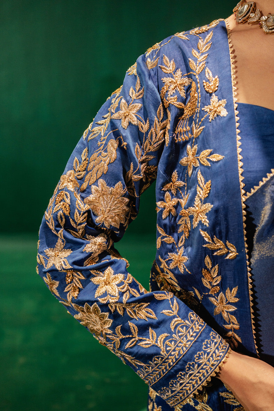 Blue Jacket With Zari Saree And Blouse