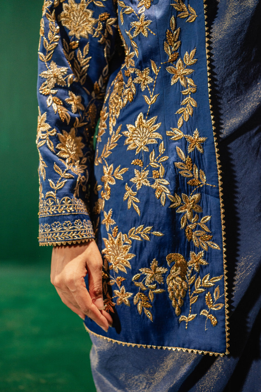 Blue Jacket With Zari Saree And Blouse