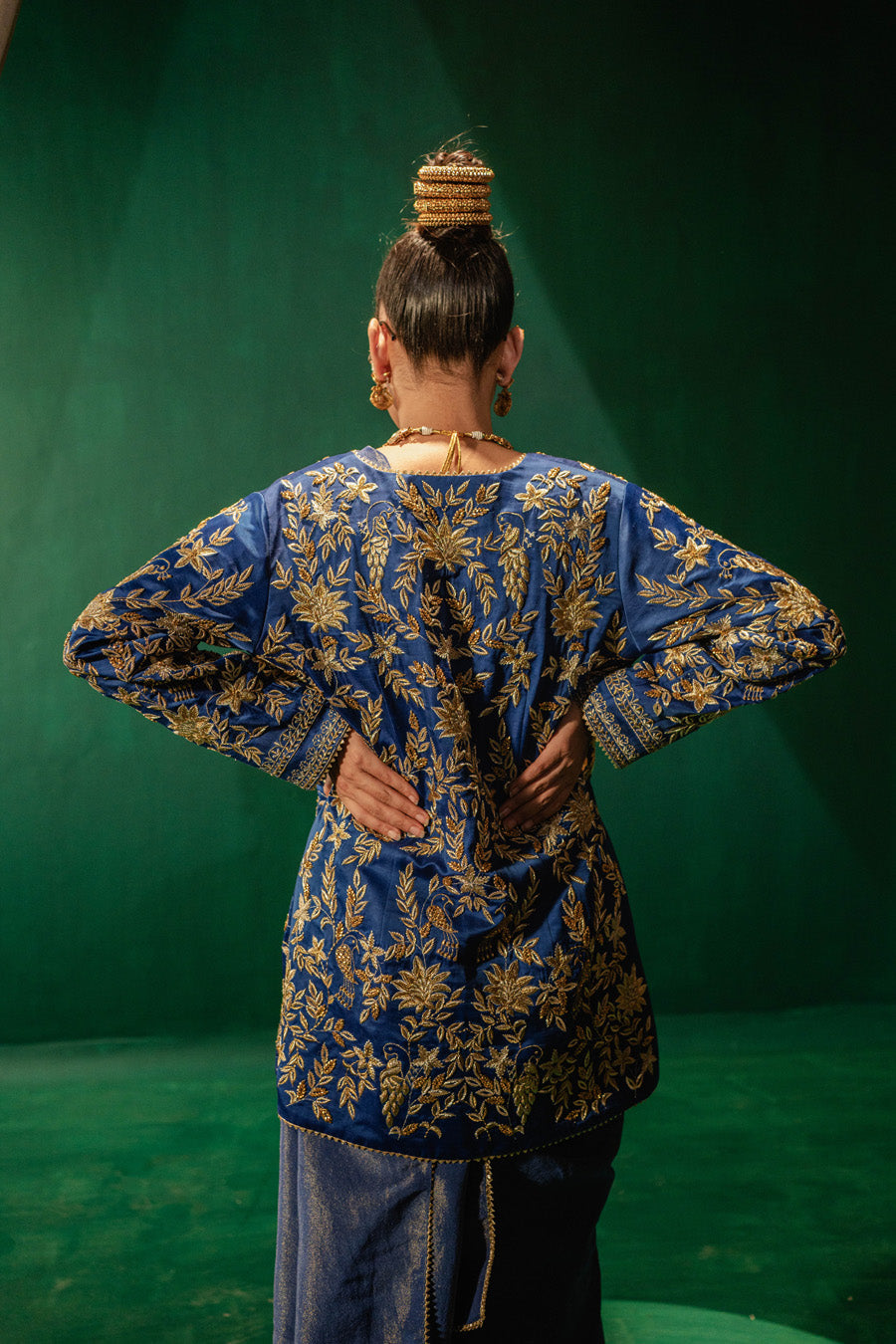 Blue Jacket With Zari Saree And Blouse