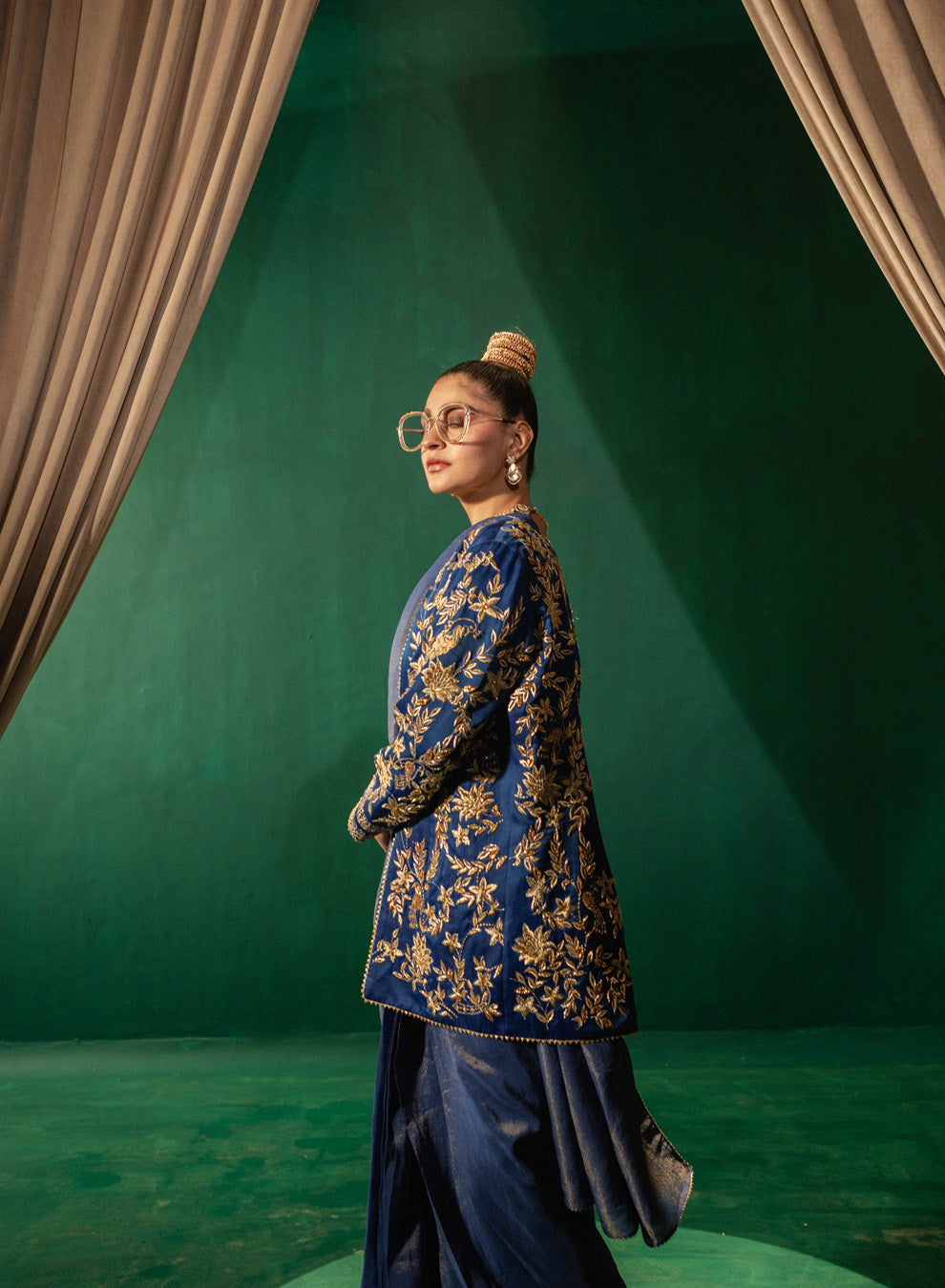 Blue Jacket With Zari Saree And Blouse