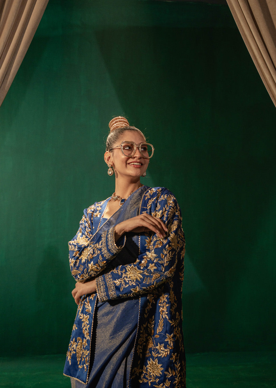 Blue Jacket With Zari Saree And Blouse