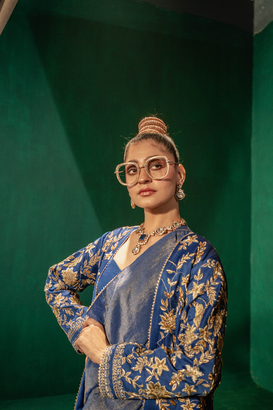 Blue Jacket With Zari Saree And Blouse