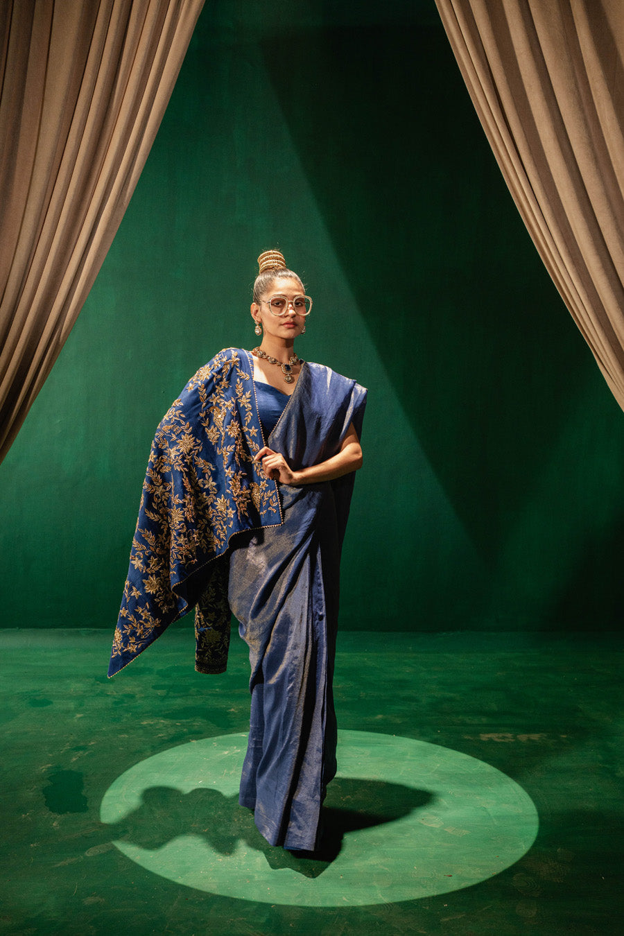 Blue Jacket With Zari Saree And Blouse