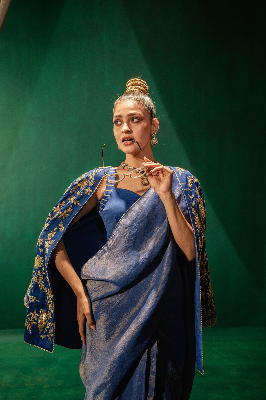 Blue Jacket With Zari Saree And Blouse