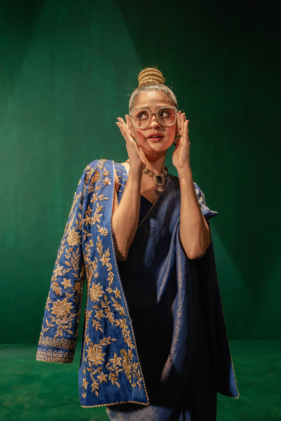 Blue Jacket With Zari Saree And Blouse