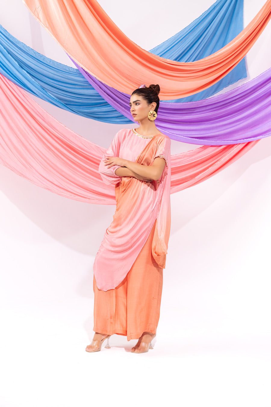 Peach And Pink Ombre Drape Kurta Set