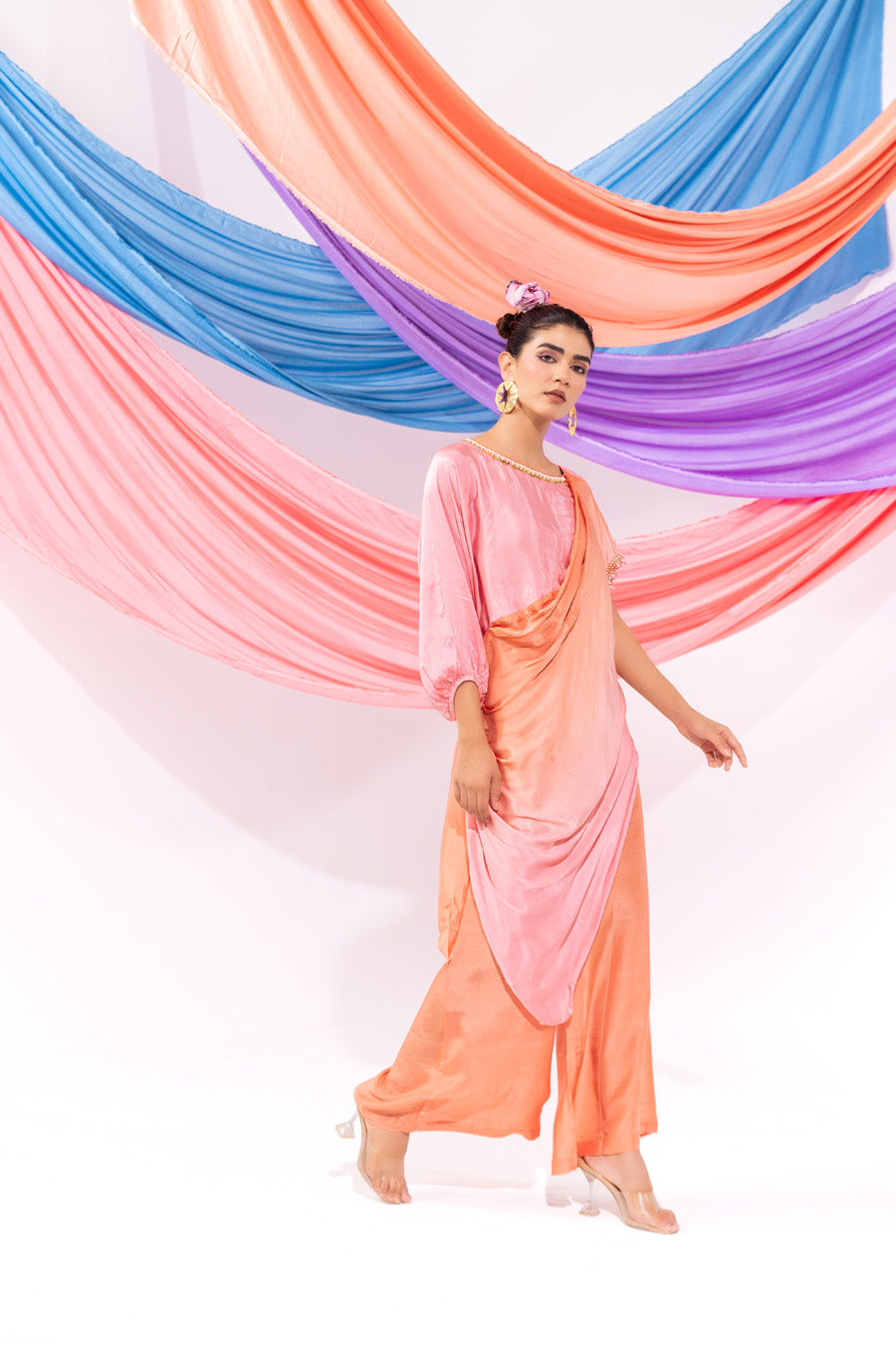 Peach And Pink Ombre Drape Kurta Set