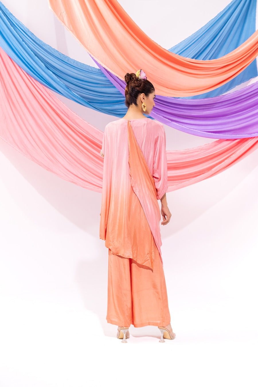 Peach And Pink Ombre Drape Kurta Set
