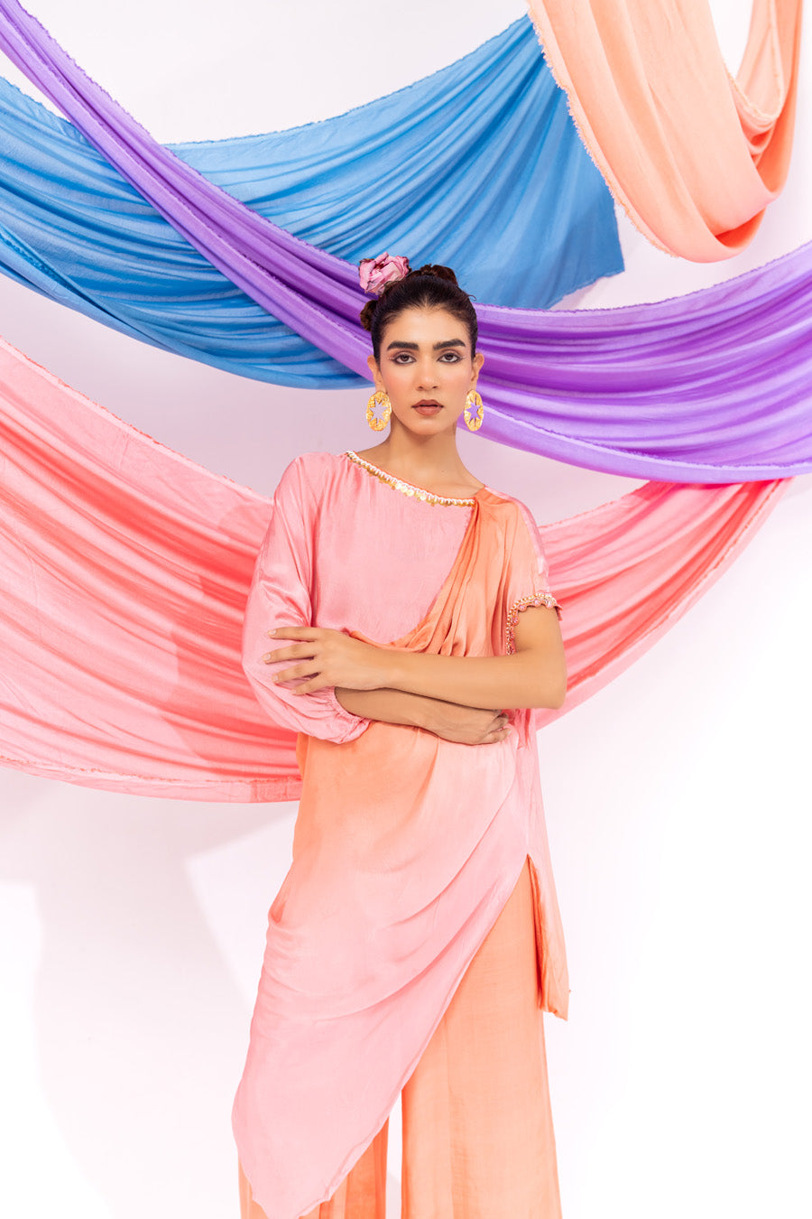 Peach And Pink Ombre Drape Kurta Set