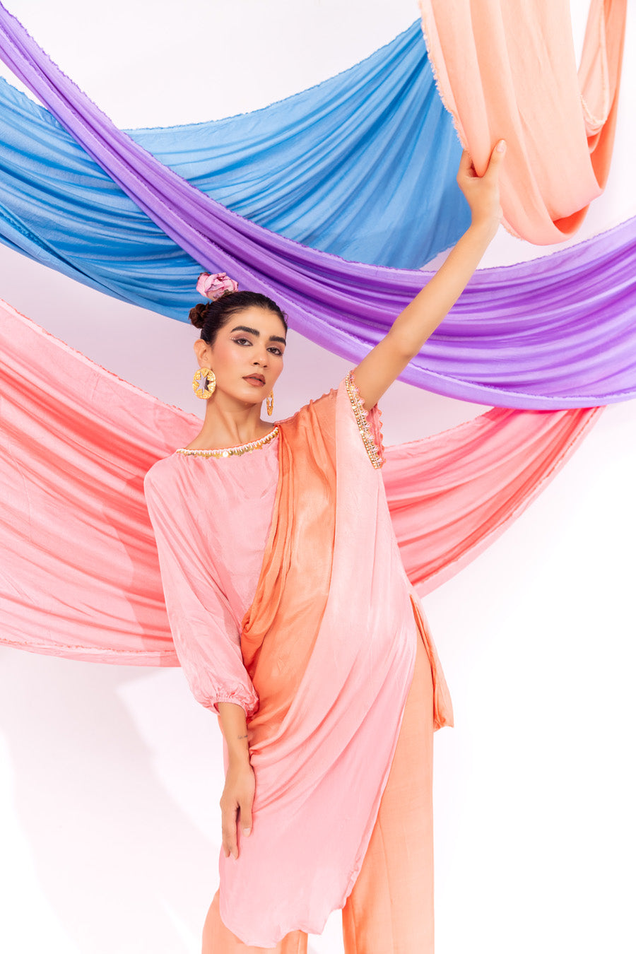 Peach And Pink Ombre Drape Kurta Set