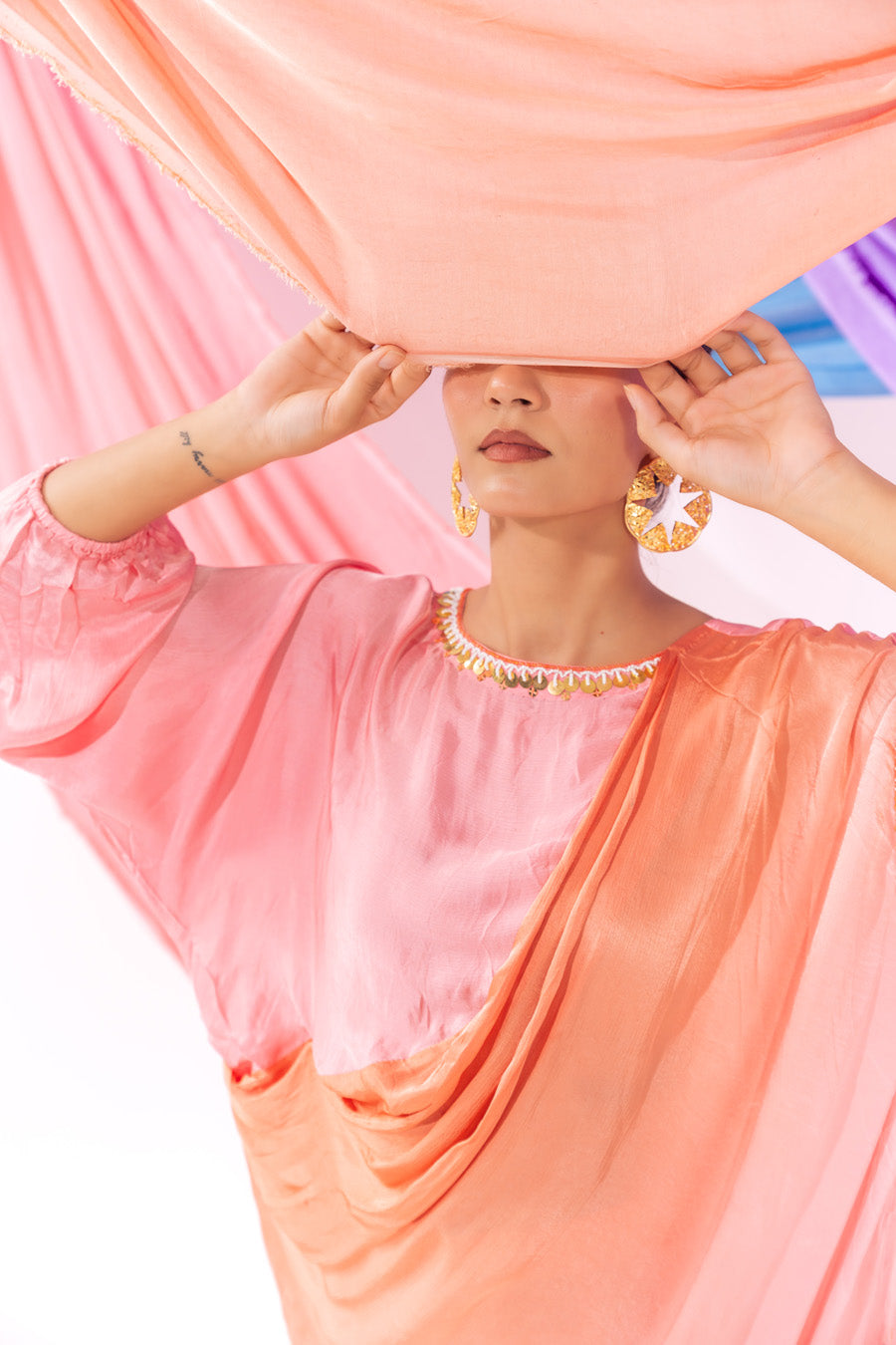 Peach And Pink Ombre Drape Kurta Set