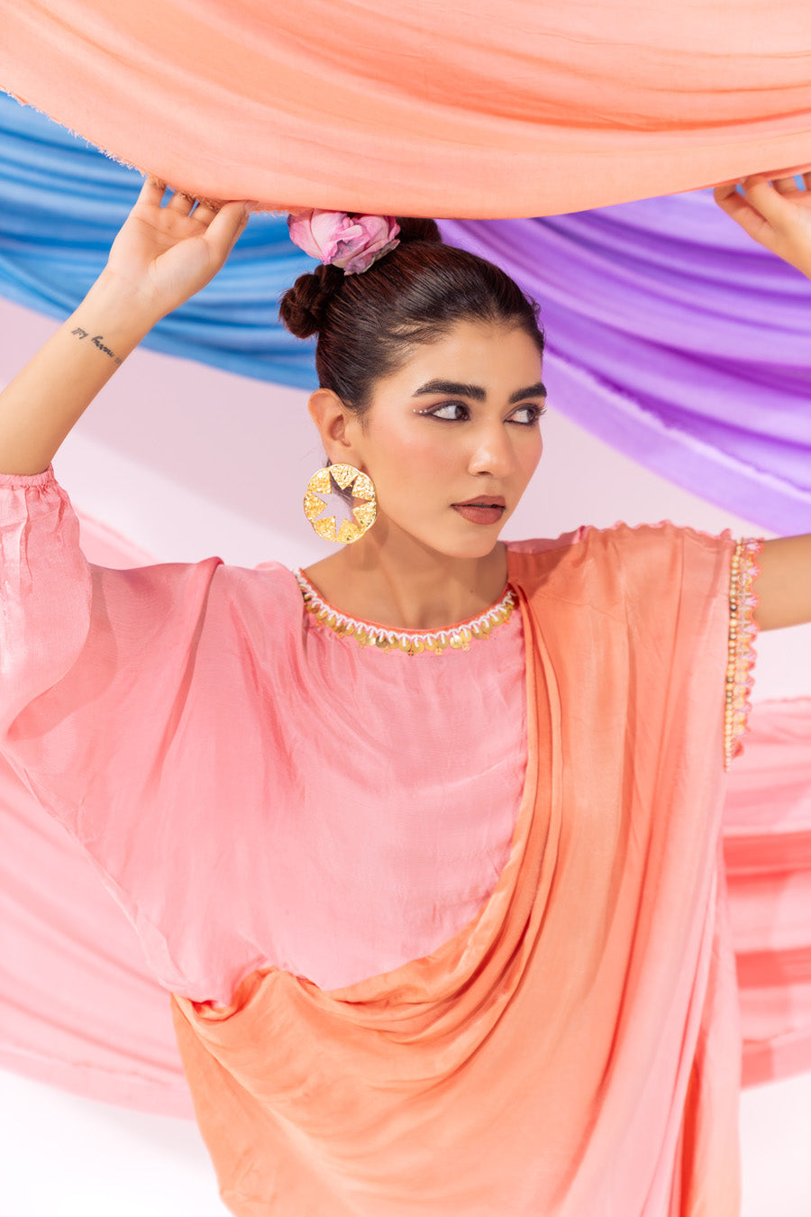 Peach And Pink Ombre Drape Kurta Set