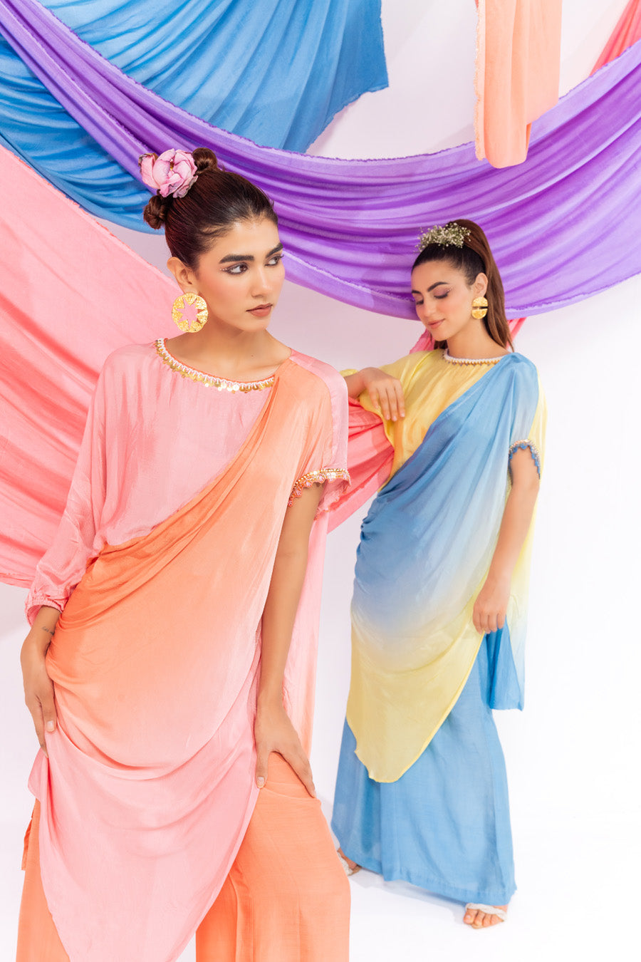 Peach And Pink Ombre Drape Kurta Set