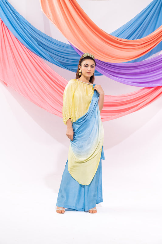 Blue And Lime Green Ombre Drape Kurta Set