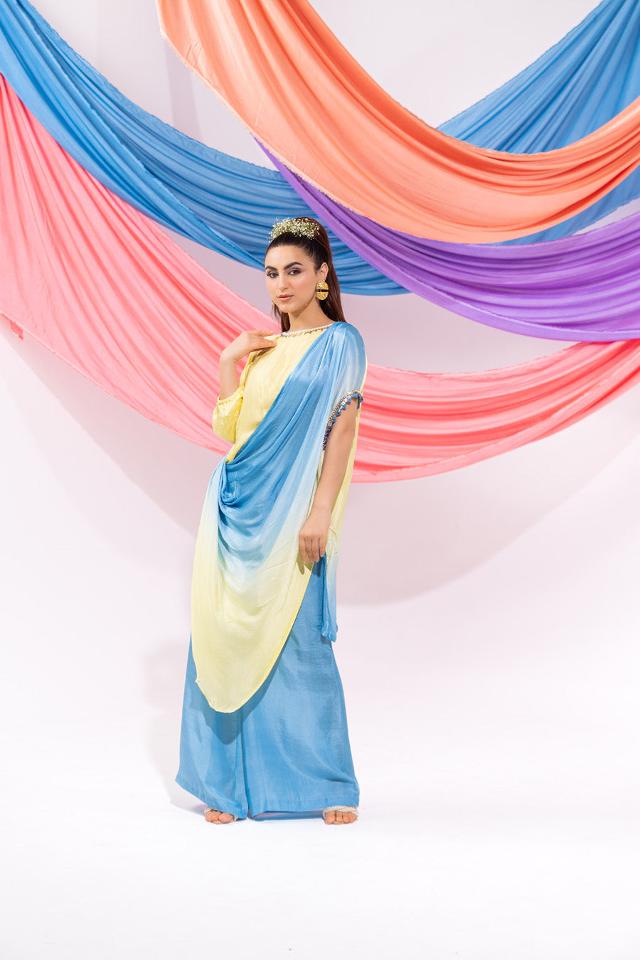 Blue And Lime Green Ombre Drape Kurta Set