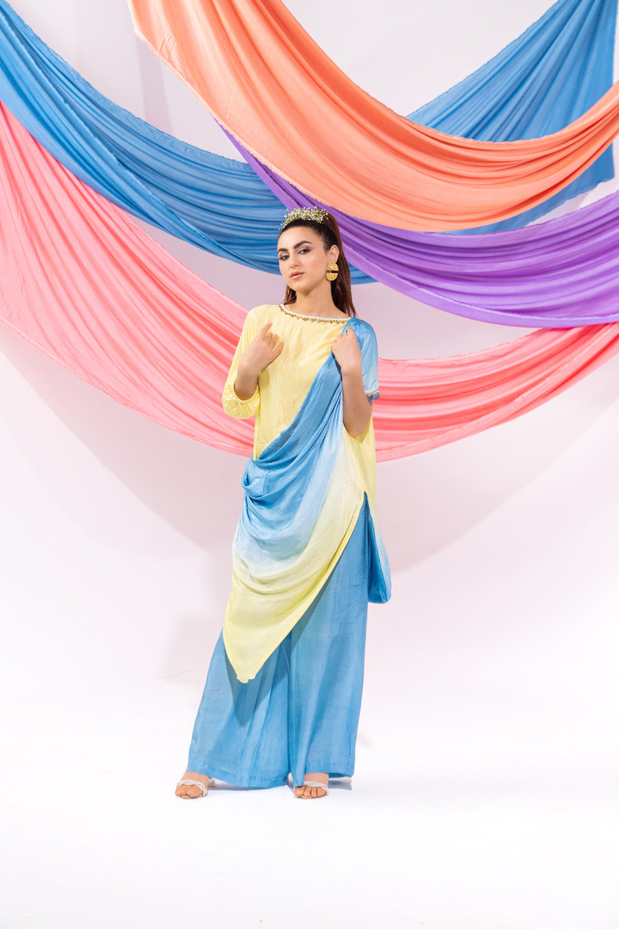 Blue And Lime Green Ombre Drape Kurta Set