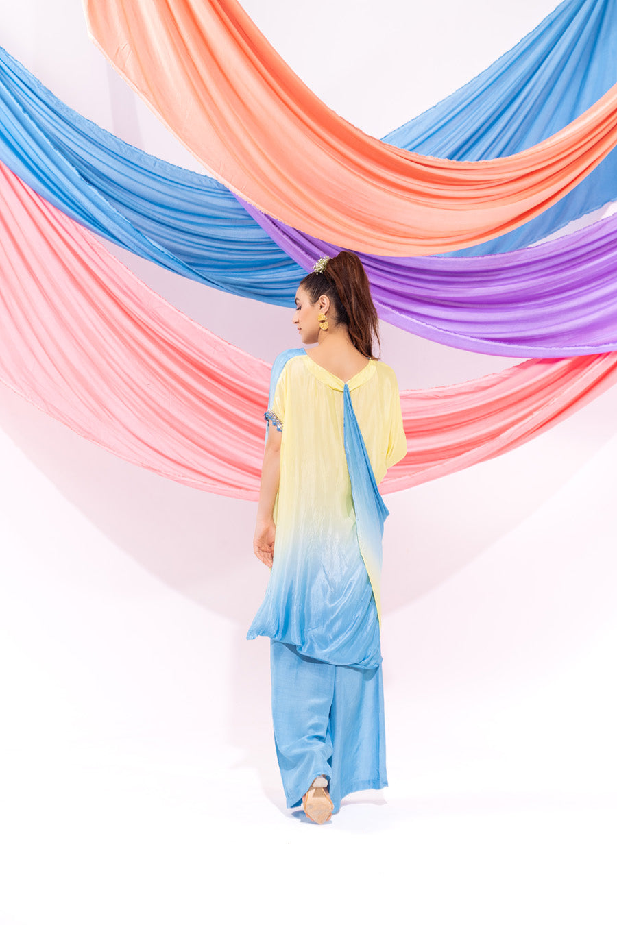 Blue And Lime Green Ombre Drape Kurta Set