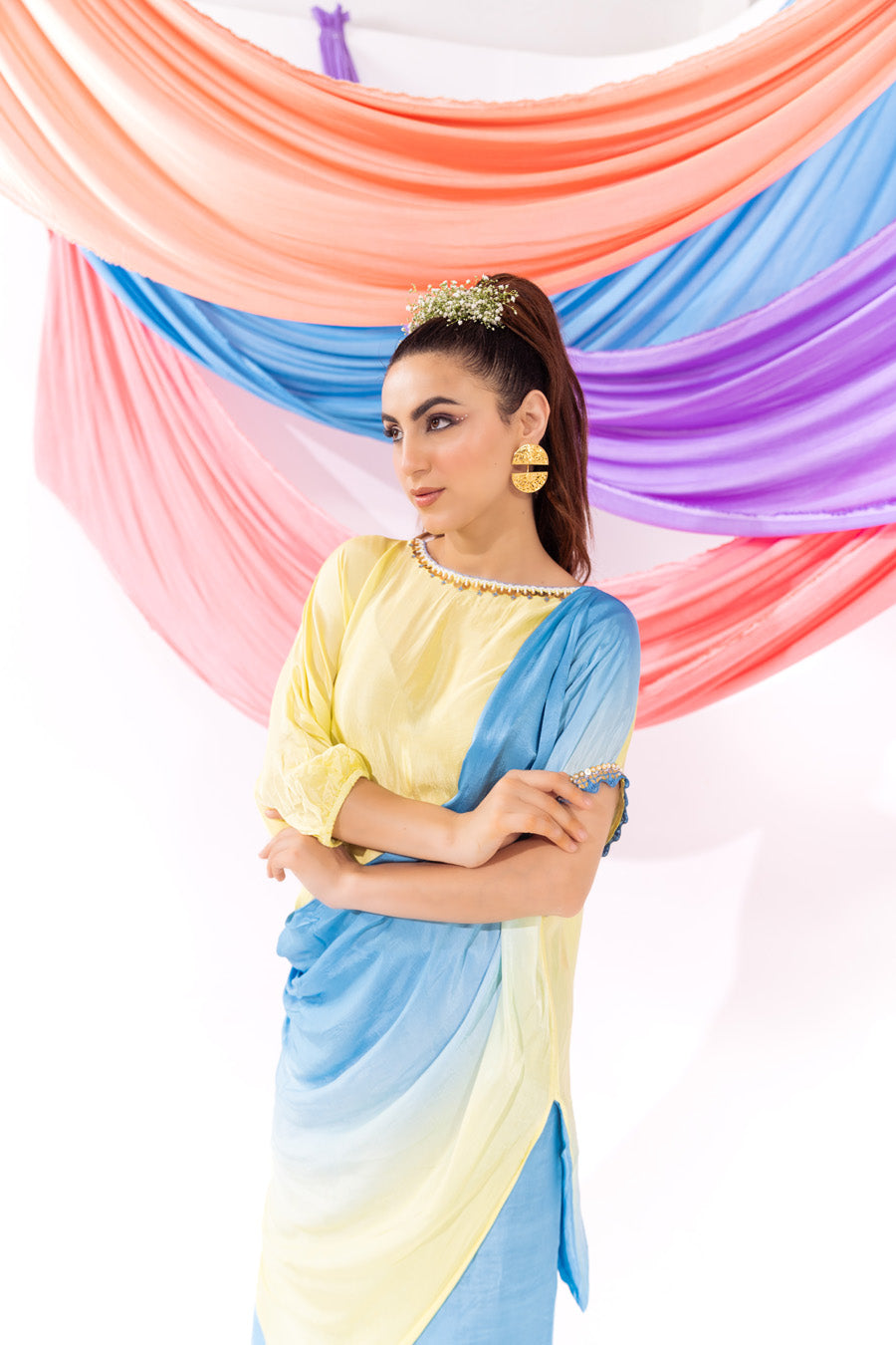Blue And Lime Green Ombre Drape Kurta Set