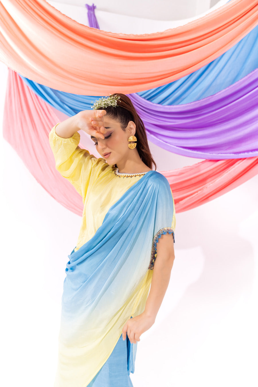 Blue And Lime Green Ombre Drape Kurta Set